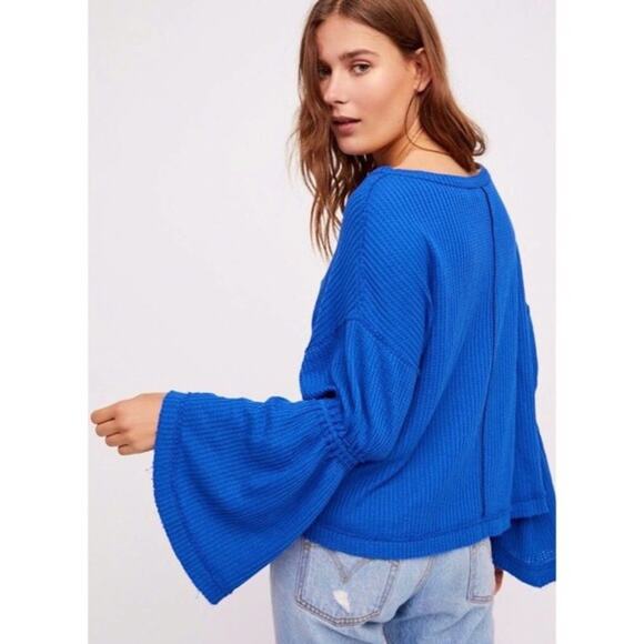 Free People We The Free Sapphire Blue Dahlia Waffle Knit Bell Sleeve Top - Picture 9 of 10